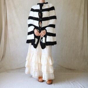 Super 70s Button Down Hand Knit Poncho in Black & White